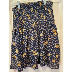 THML Sunflower Smocked Mini Skirt Tiered Ruffle Hem Floral Print‎ Casual S